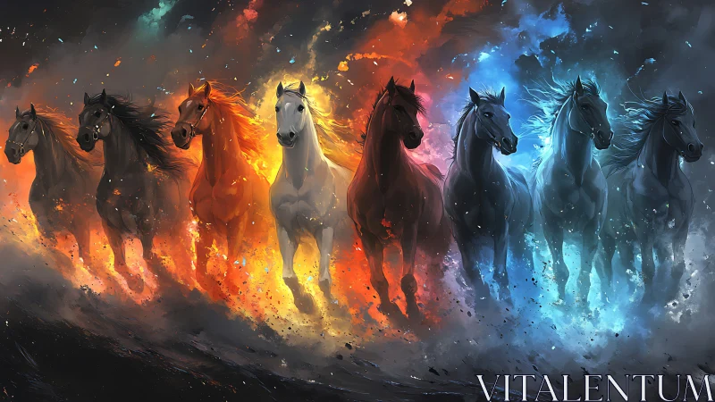 Galloping horses framed by fiery orange and cool blue light.