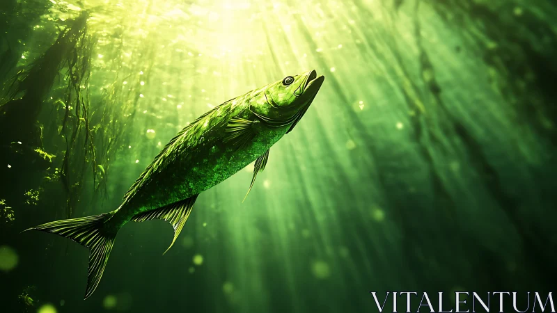 Emerald reef wanderer basking in cathedral-green light.