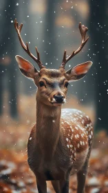 Young stag in soft snowfall amid blurred autumn forest.