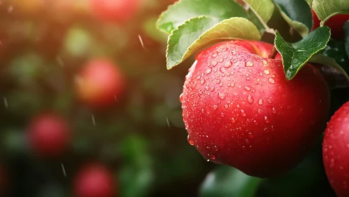 Red apple with water droplets on tree branch in orchard.
