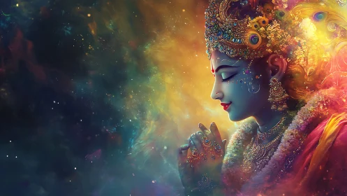 Digital painting depicts jeweled profile figure in nebula field