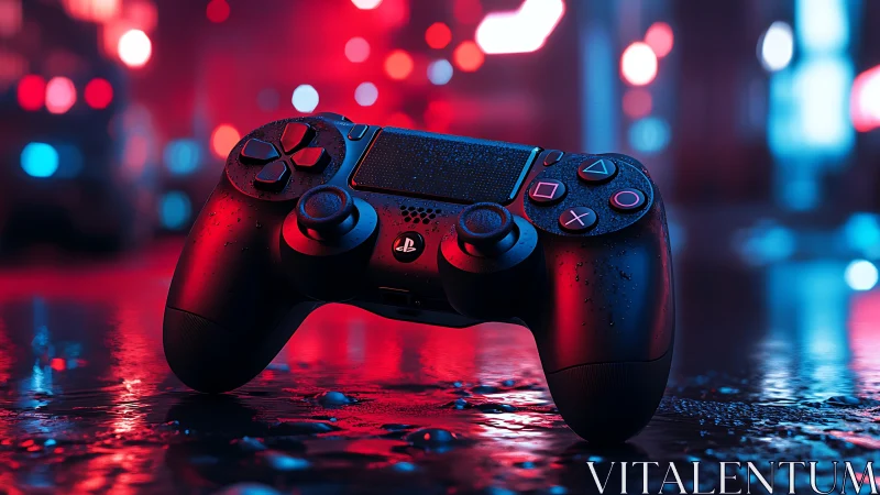 Game controller under neon rain on reflective city street.