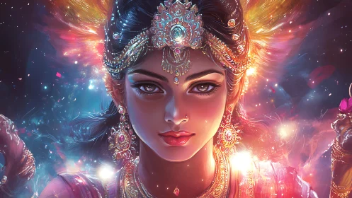 Mythic goddess portrait in luminescent nebular light field