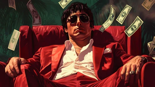 Man in red suit lounging amid flying dollar bills.