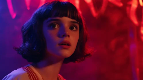 Young woman bathed in neon glow gazes up in quiet awe
