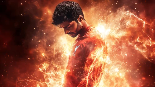 Male football fan in red kit surrounded by fiery energy.