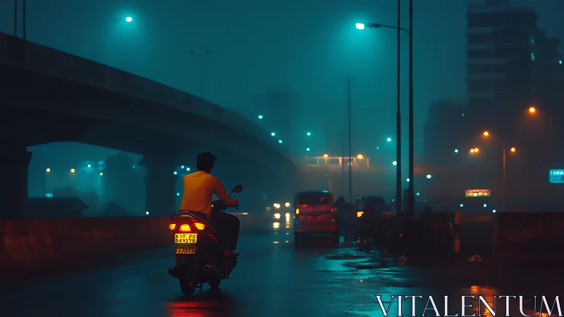 Motorcyclist on wet urban flyover under blue streetlights.