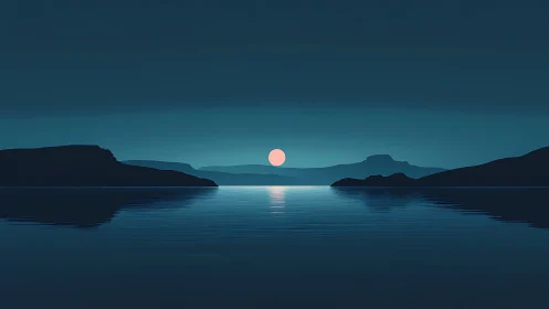 Minimalist teal dusk lake with layered mountain silhouettes