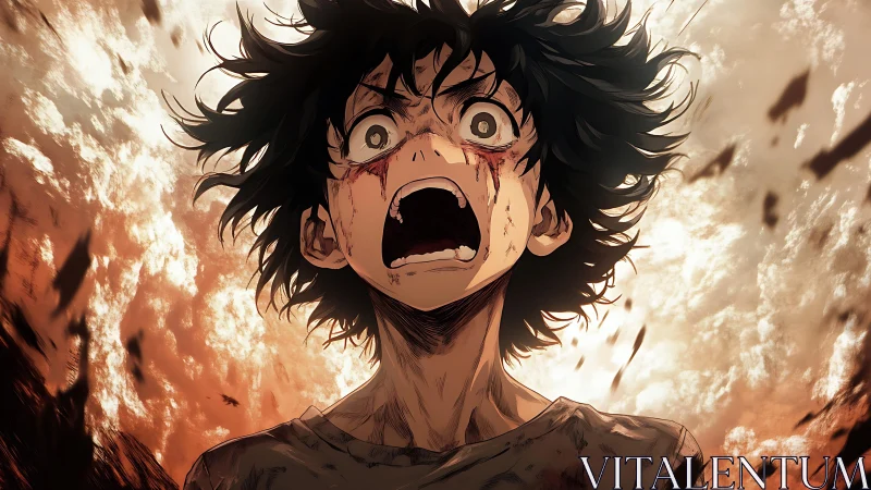 Explosive anime closeup of distressed boy with debris swirl.