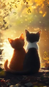 Two Cats Seated Against Warm Golden Backlight.