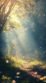Autumnal Forest Path with Golden Sunlight Through Trees.