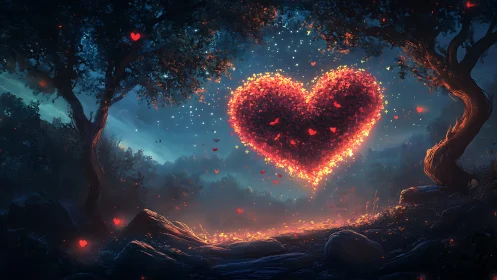Glowing Heart in an Enchanted Forest at Night.