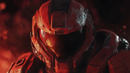 Armored sci fi soldier in red-lit cinematic close portrait.