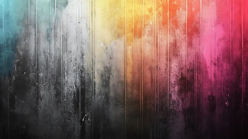 Weathered rainbow wall with softly glowing color streaks.