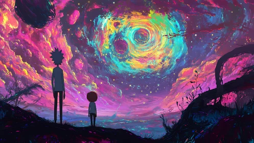 Two travelers watch a swirling neon cosmos ignite the night sky