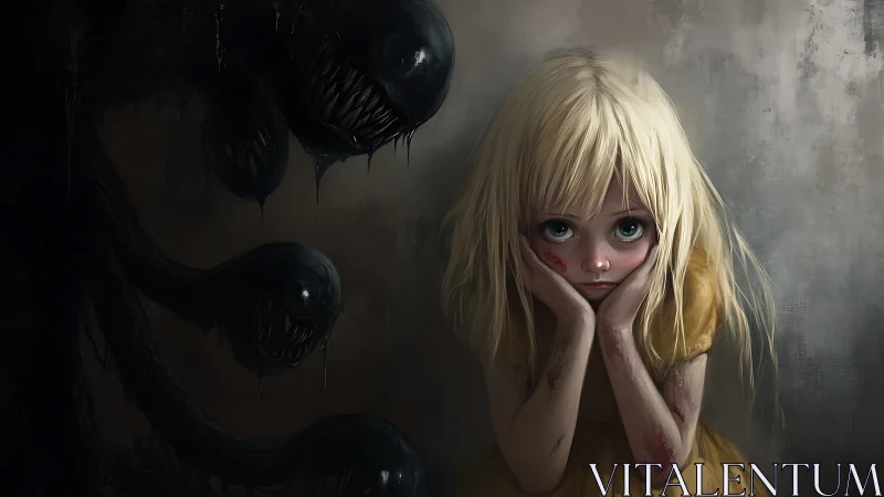 Haunting shadow creature looming over bruised child girl.