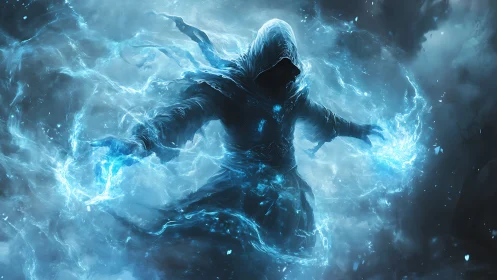 Mystical hooded mage weaving swirling blue frostfire magic.