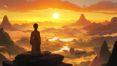 Monk overlooking sunrise across tranquil fantasy valley.
