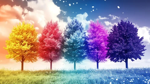 Row of multicolored trees on gradient sky background.