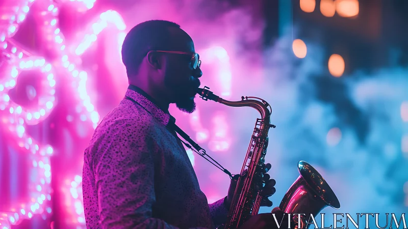 Neon-lit saxophonist performs under vibrant club lights.