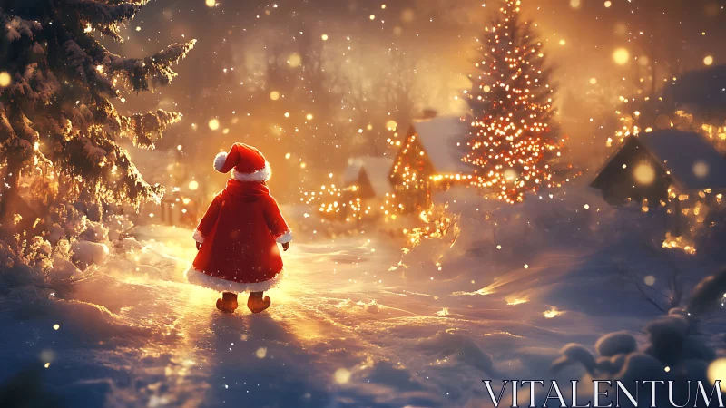 Little Santa explores a glowing, storybook winter village.