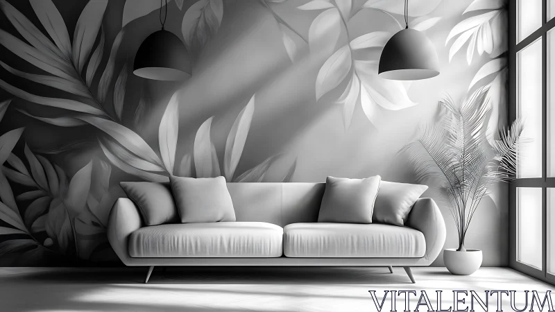 Monochrome sofa anchors botanical mural in modern living room