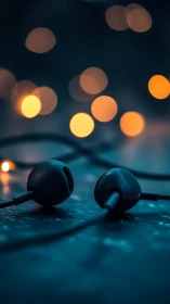 Wired earphones on surface with defocused warm lights.