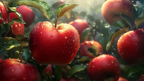 Sunlit dewy apples glow richly in a lush orchard morning