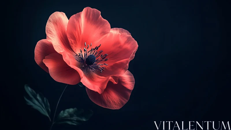 Red anemone flower with dark stamens photographed against black background