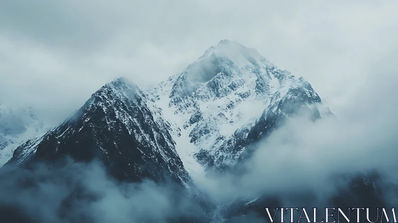 Snow-capped mountain peaks rise through brooding winter mist