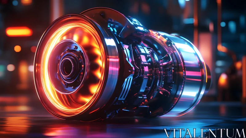 Futuristic glowing engine in neon-lit industrial setting, digital art.