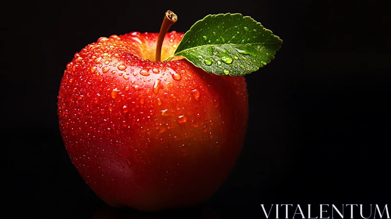 Red apple macro with dewdrops on black background.