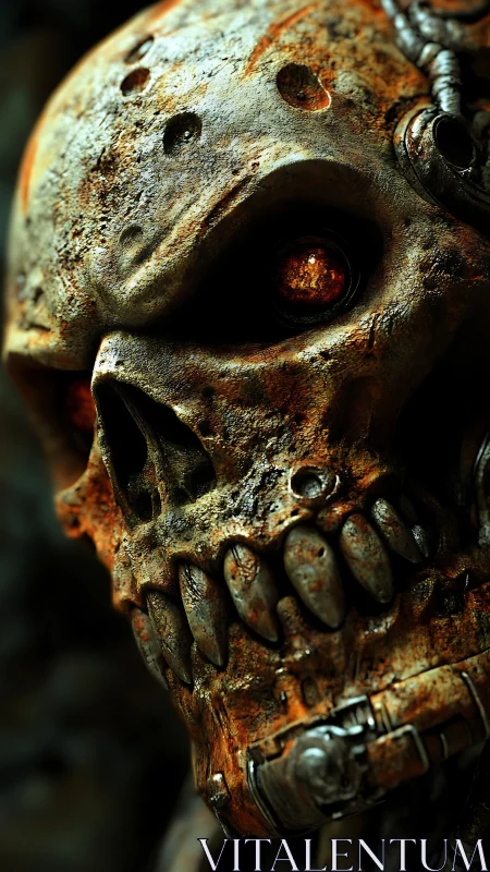 Rust-kissed cyber skull with eerie molten gaze.