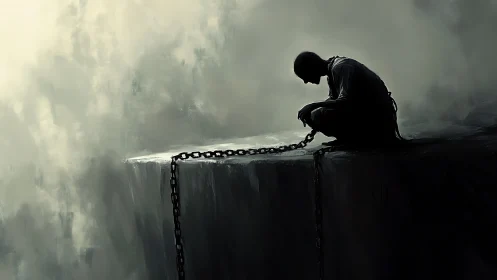 Digital painting of chained figure on abyssal ledge in chiaroscuro.