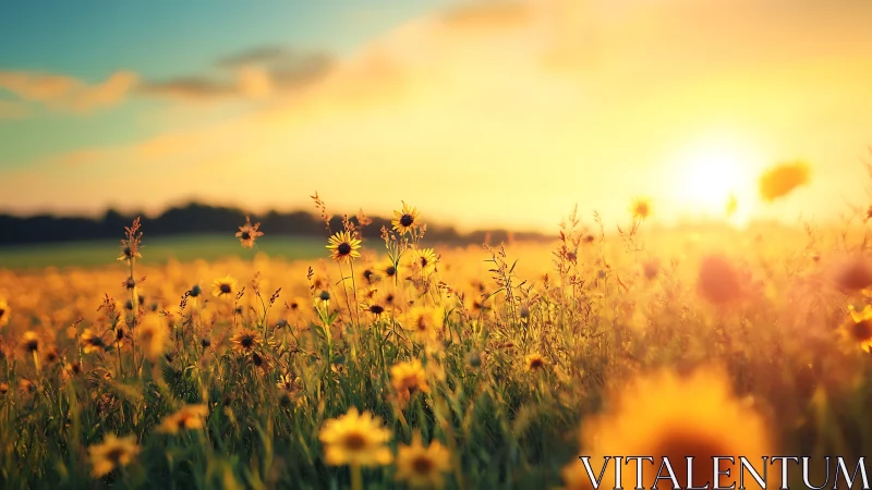 Golden wildflower meadow under warm sunset light glow.