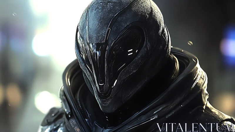 Sleek biomechanical android portrait in moody bokeh light.