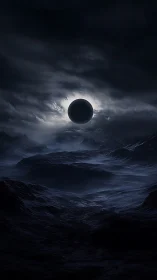 Eclipsed moon hangs over a dark, storm-tossed alien sea