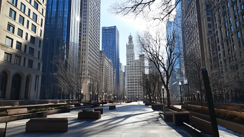 Sunlit urban plaza framed by tall downtown skyscrapers.