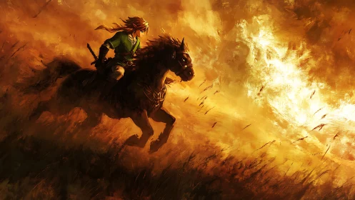 Mounted archer rides dark horse through intense orange flames.