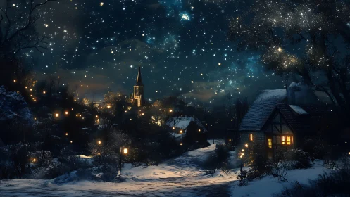 Snowy village lane glows beneath a star-filled winter sky.