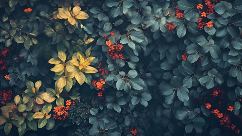 Chromatic foliage matrix with clustered vermilion inflorescences.