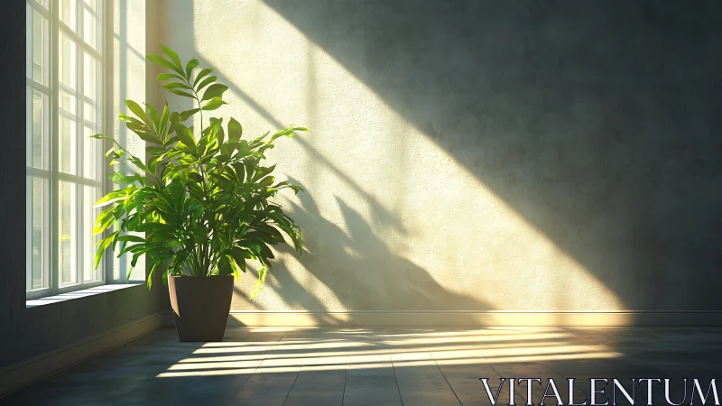 Sunlit potted plant casting dramatic interior shadows.
