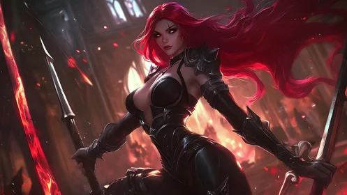 Armored red haired warrior with twin blades in hall.