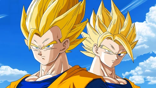 Twin golden‑haired anime warriors under vibrant blue sky