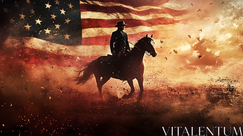 Lone rider crosses a fiery field beneath a vast US flag