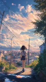 Girl on a hilltop street beneath sherbet city skies.