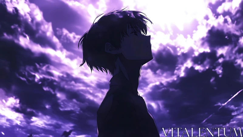 Midnight skywatcher pausing beneath a storm of violet clouds.