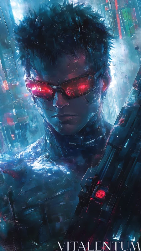 Neon-eyed cyber guardian smolders through rain-slick circuitry