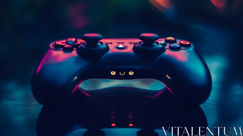 Gaming controller with neon lighting and dark background.