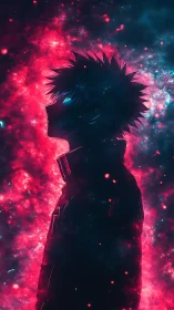 Stargazing anime silhouette glows softly in cosmic colors